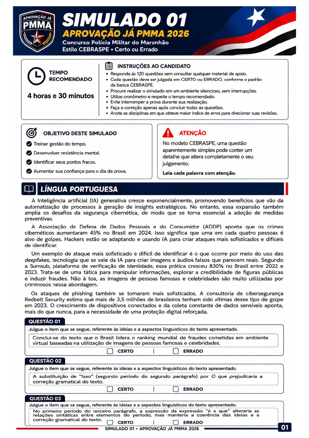 Primeira página do Simulado 01 PM-MA 2026